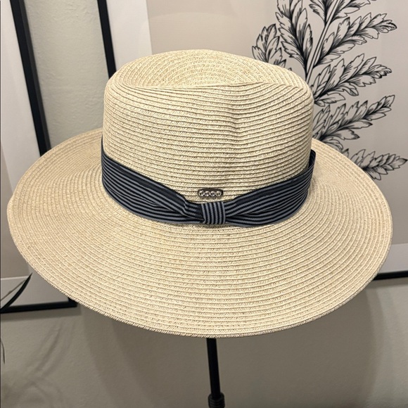 Glitzy Bella Brand Stylish Straw Hat with Grey Black Striped Ribbon - Picture 3 of 8